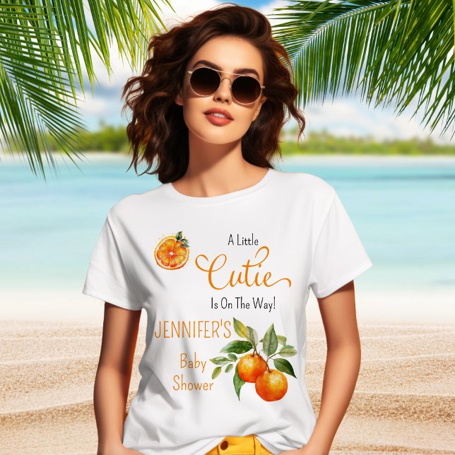 A Little Cutie Citrus Watercolor Baby Shower T-Shirt ("A Little Cutie Is On the Way!" Orange Citrus Baby Shower T-Shirt)