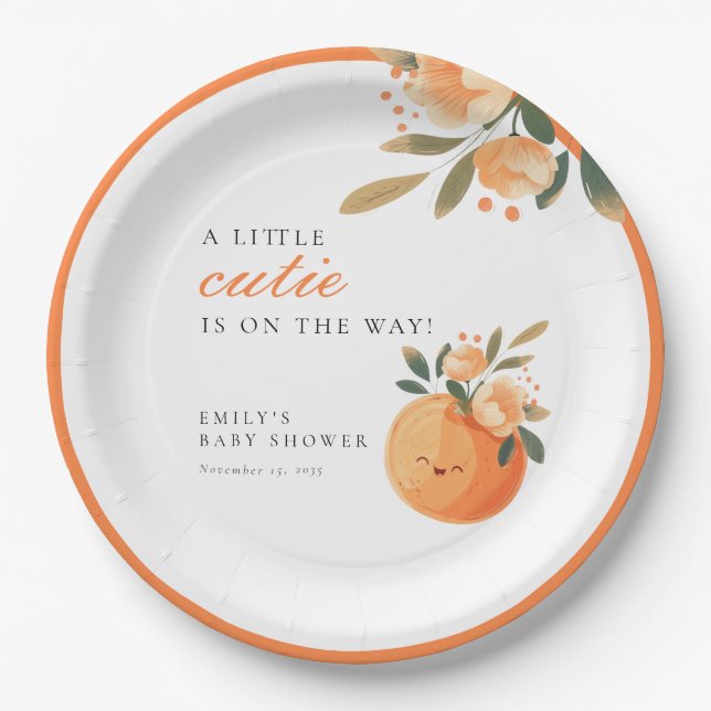 A Little Cutie Is On The Way Citrus Baby Shower Paper Plate (Front)