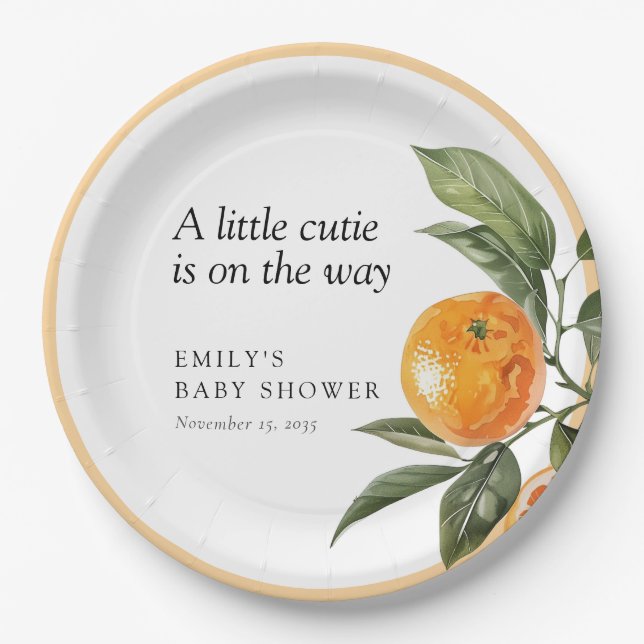 A Little Cutie Is On The Way Citrus Baby Shower Paper Plate (Front)