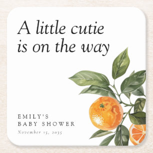 A Little Cutie Is On The Way Citrus Baby Shower Square Paper Coaster