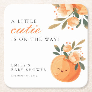 A Little Cutie Is On The Way Citrus Baby Shower Square Paper Coaster