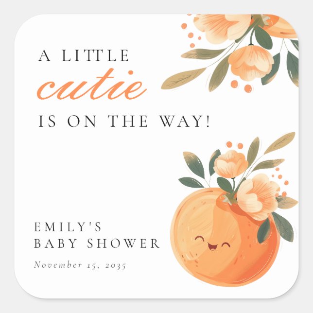 A Little Cutie Is On The Way Citrus Baby Shower Square Sticker (Front)