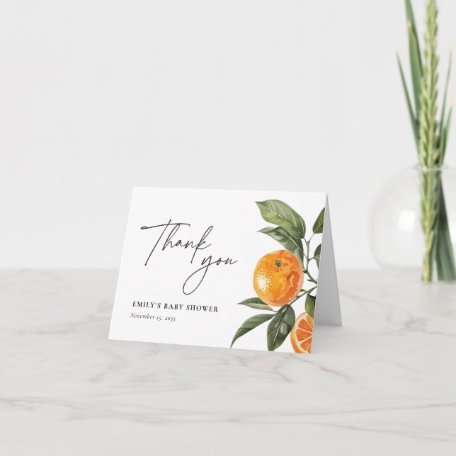 A Little Cutie Is On The Way Citrus Baby Shower Thank You Card (Front)