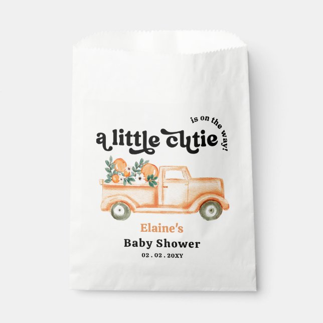 A Little Cutie Is On The Way Orange Baby Shower  Favour Bag (Front)