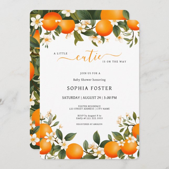 A Little Cutie is on the Way Orange Baby Shower Invitation (Front/Back)