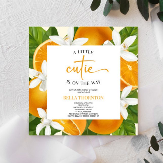 A Little Cutie Is On The Way Orange Baby Shower Invitation (Creator Uploaded)