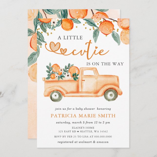 A Little Cutie Is On The Way Orange Baby Shower Invitation (Front/Back)