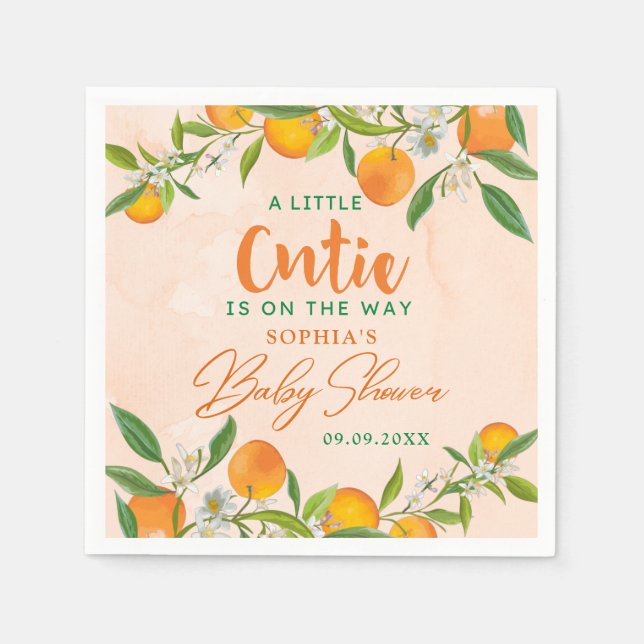 A Little Cutie Is On The Way Orange Baby Shower Napkin (Front)
