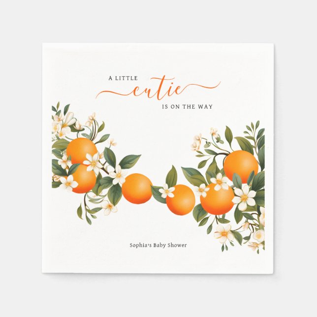 A Little Cutie is on the Way Orange Baby Shower Napkin (Front)