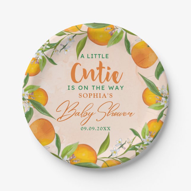A Little Cutie Is On The Way Orange Baby Shower Paper Plate (Front)