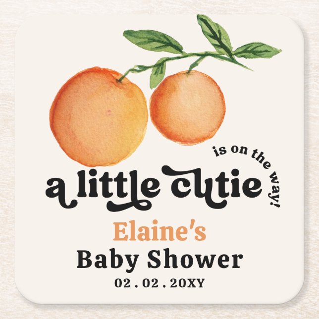A Little Cutie Is On The Way Orange Baby Shower  Square Paper Coaster (Front)