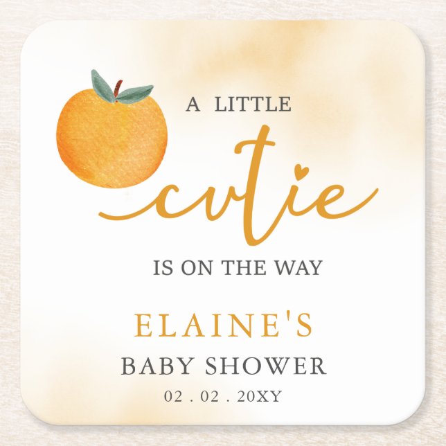 A Little Cutie Is On The Way Orange Baby Shower  Square Paper Coaster (Front)