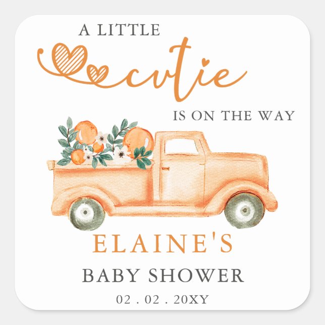 A Little Cutie Is On The Way Orange Baby Shower  Square Sticker (Front)