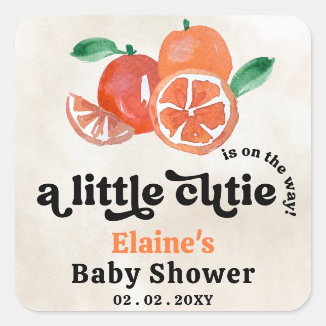A Little Cutie Is On The Way Orange Baby Shower  Square Sticker (Front)
