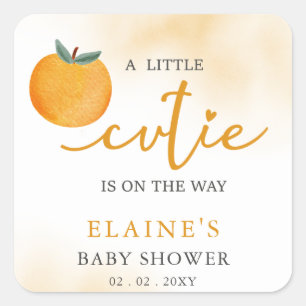 A Little Cutie Is On The Way Orange Baby Shower  Square Sticker