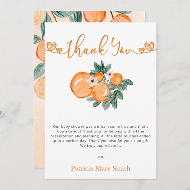 A Little Cutie Is On The Way Orange Baby Shower  Thank You Card (Front/Back)