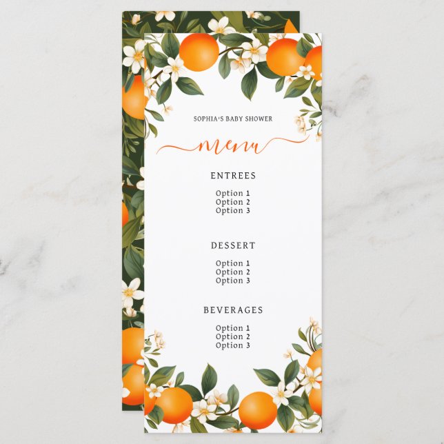 A Little Cutie is on the Way Tangerine Baby Shower Menu (Front/Back)