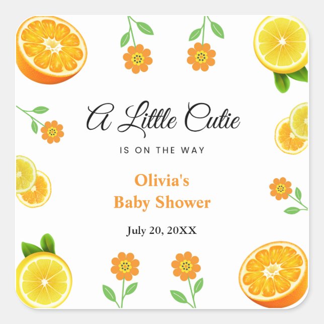 A Little Cutie Lemon Citrus Orange Baby Shower  Square Sticker (Front)