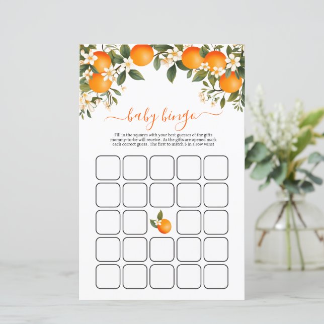 A Little Cutie Orange Baby Shower bingo game (Standing Front)