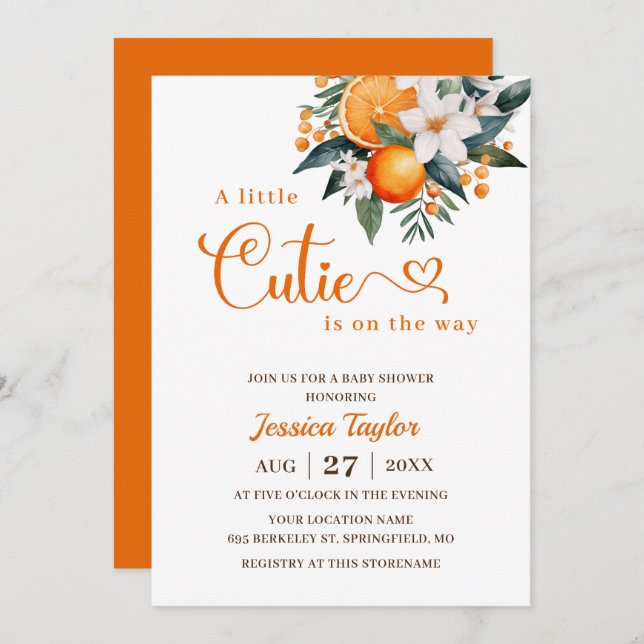 A Little Cutie Orange Baby Shower Invitation (Front/Back)