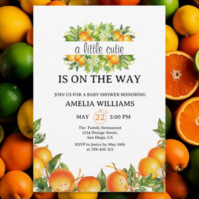 A Little Cutie Orange Blossom Greenery Baby Shower Invitation (Creator Uploaded)