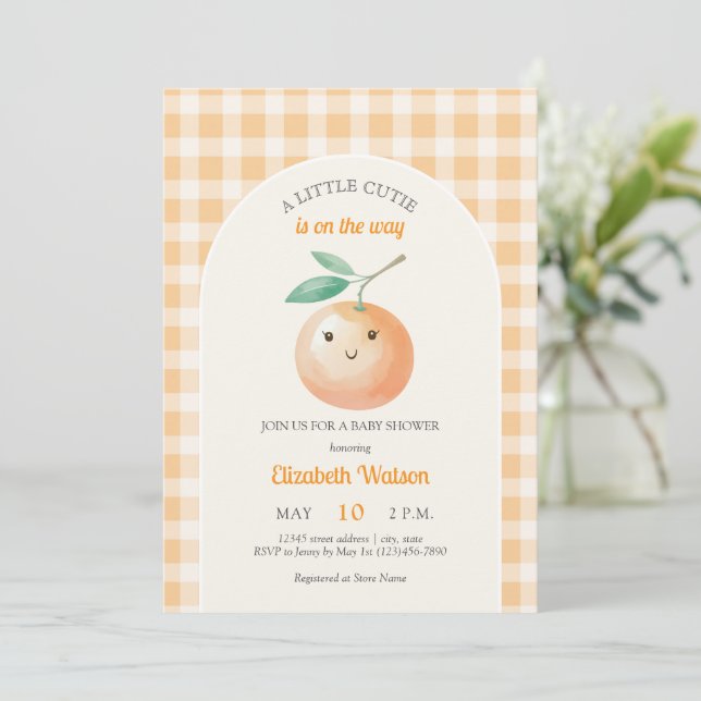 A Little Cutie Orange Gingham Citrus Baby Shower Invitation (Standing Front)