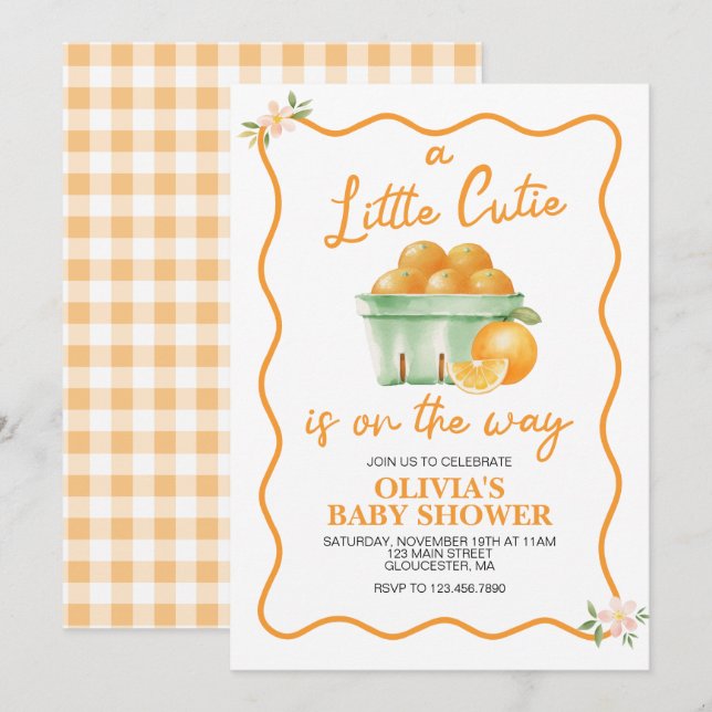 A Little Cutie orange plaid Baby Shower Invitation (Front/Back)