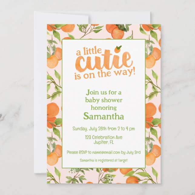 A Little Cutie Peach Background Baby Shower Invitation (Front)