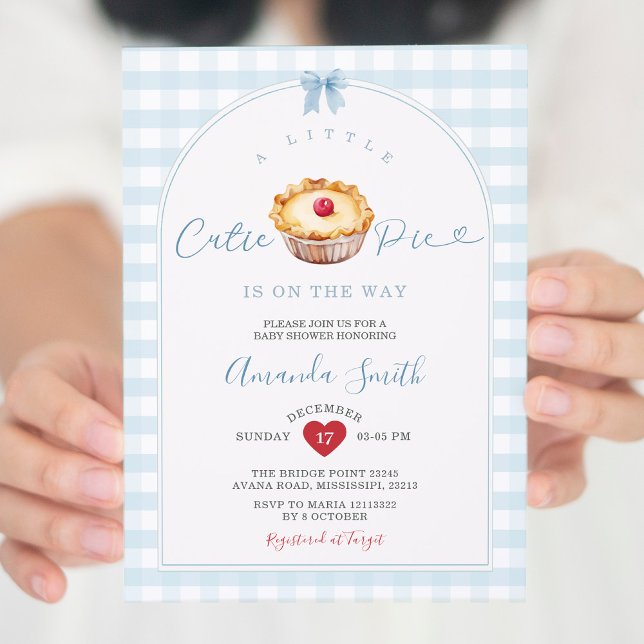 A Little Cutie Pie Blue Gingham Cherry Baby Shower Invitation (Creator Uploaded)
