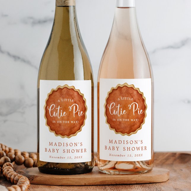 A Little Cutie Pie Fall Pumpkin Baby Shower Wine Label (Creator Uploaded)