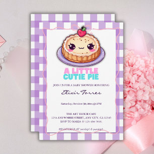 A Little Cutie Pie Kawaii Purple Plaid Baby Shower Invitation