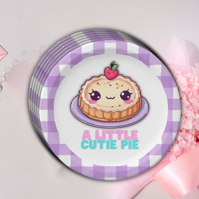 A Little Cutie Pie Kawaii Purple Plaid Baby Shower Paper Plate (Creator Uploaded)