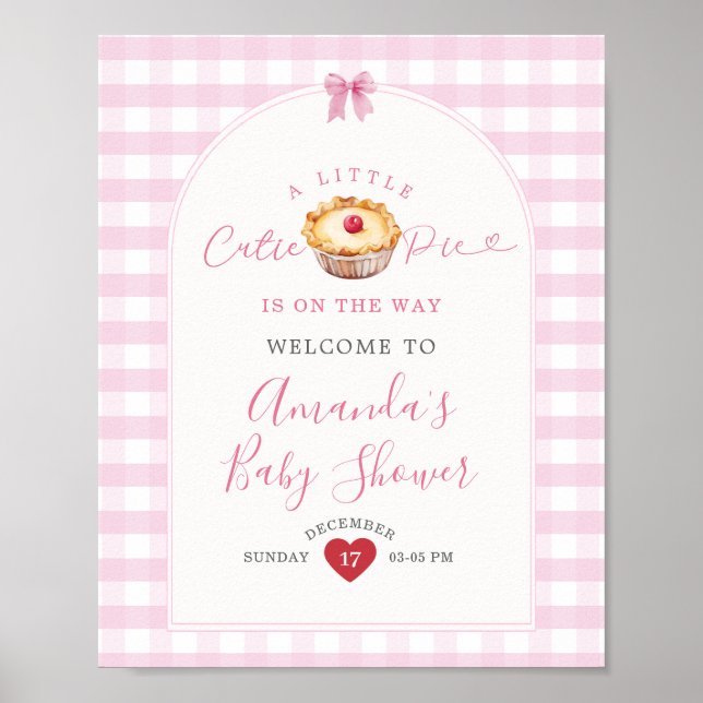 A Little Cutie Pie Pink Plaid Cherry Welcome Sign (Front)
