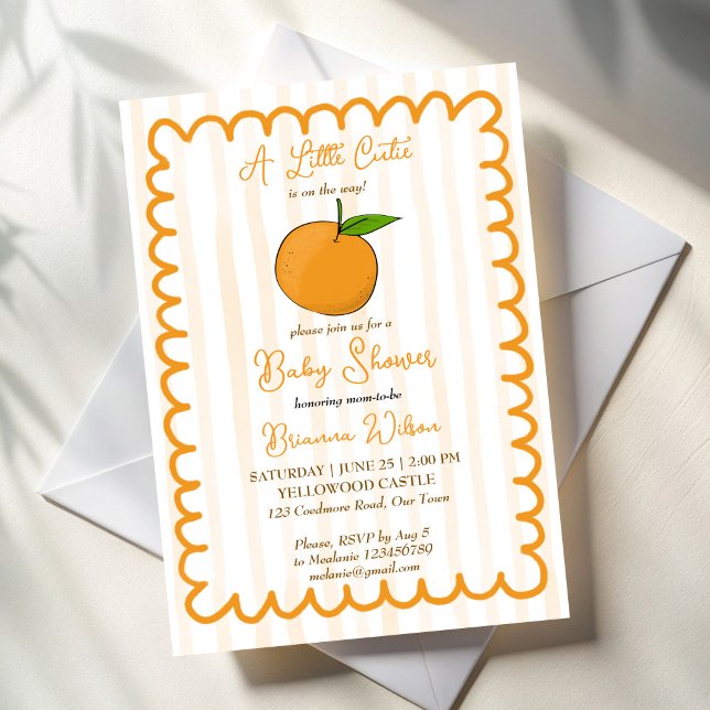 A little cutie whimsical citrus baby shower invitation (A little cute whimsical citrus hand drawn border summer fruit baby shower invitation template)