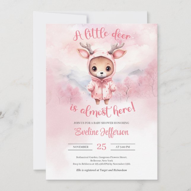 A little deer is almost here pink reindeer girl invitation (Front)
