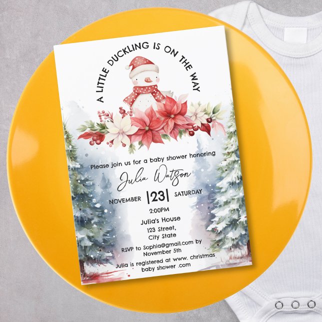 A little Duckling is on the Way Winter Christmas Invitation (cute little duck with winter cap and scarf, between the christmas trees)