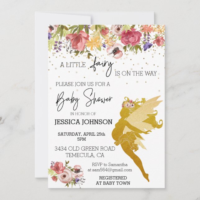 A Little Fairy is on the Way Baby Shower Gold Invitation (Front)