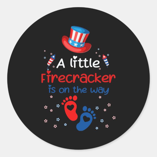 A Little Firecracker Is on the Way 4th of July Classic Round Sticker (Front)