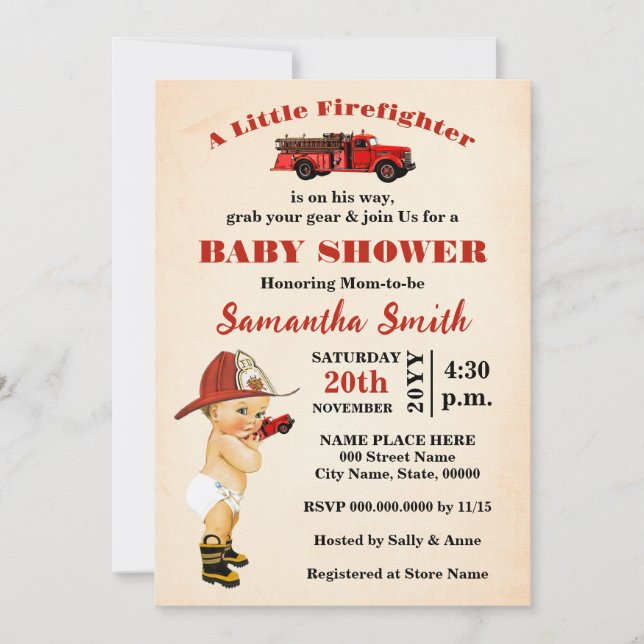 A Little Firefighter is on His Way Baby Shower Invitation (Front)