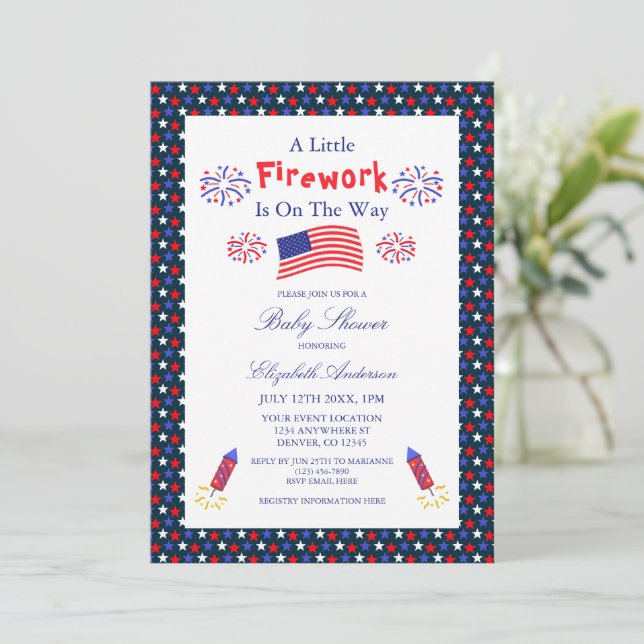 A Little Firework Is On The Way Baby Shower Invitation (Standing Front)