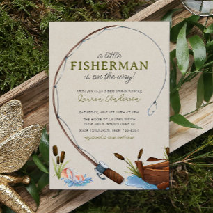 A Little Fisherman Watercolor Script Baby Shower Invitation