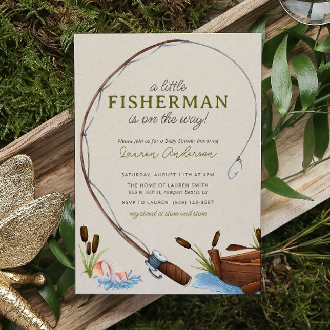 A Little Fisherman Watercolor Script Baby Shower Invitation (Creator Uploaded)