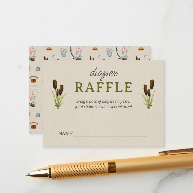 A Little Fisherman Watercolor Script Diaper Raffle Enclosure Card (Front/Back In Situ)