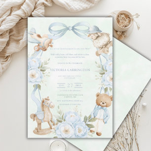 A Little Gentleman Blue Boy Bear Baby  Invitation