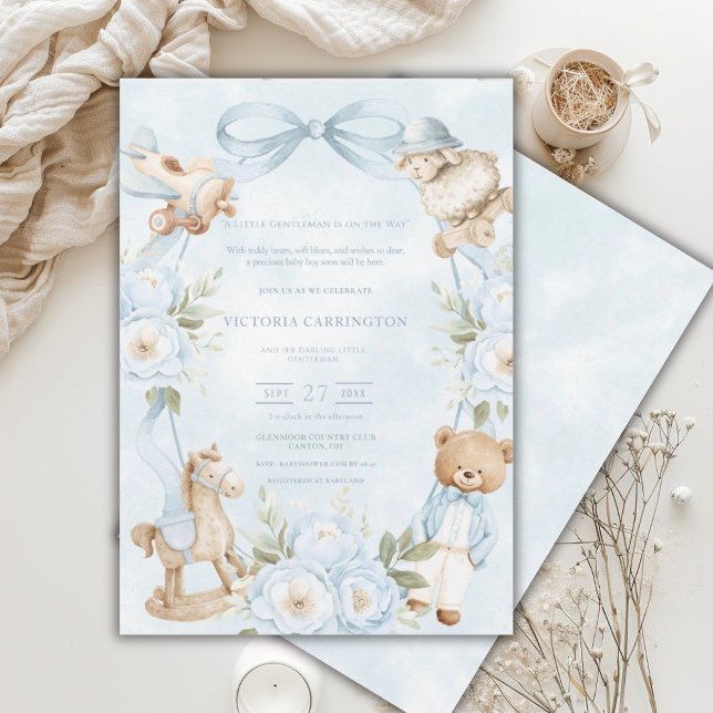 A Little Gentleman Blue Boy Bear Baby  Invitation (Creator Uploaded)