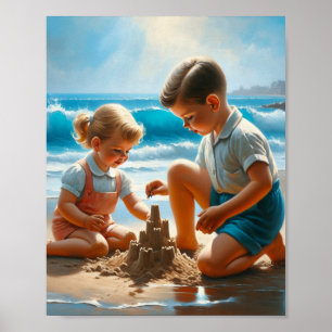 A Little Girl and Boy Building a Sandcastle Poster
