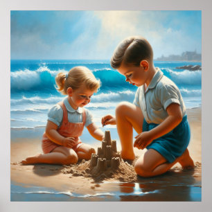 A Little Girl and Boy Building a Sandcastle Poster