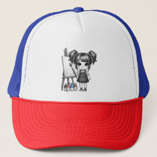 a little girl with her paint kit trucker hat