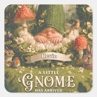 A Little Gnome Has Arrived Baby Announcement Square Sticker