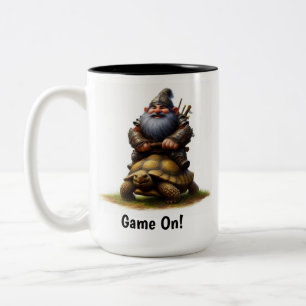 A Little Gnome Warrior Posing with his Tortoise Two-Tone Coffee Mug